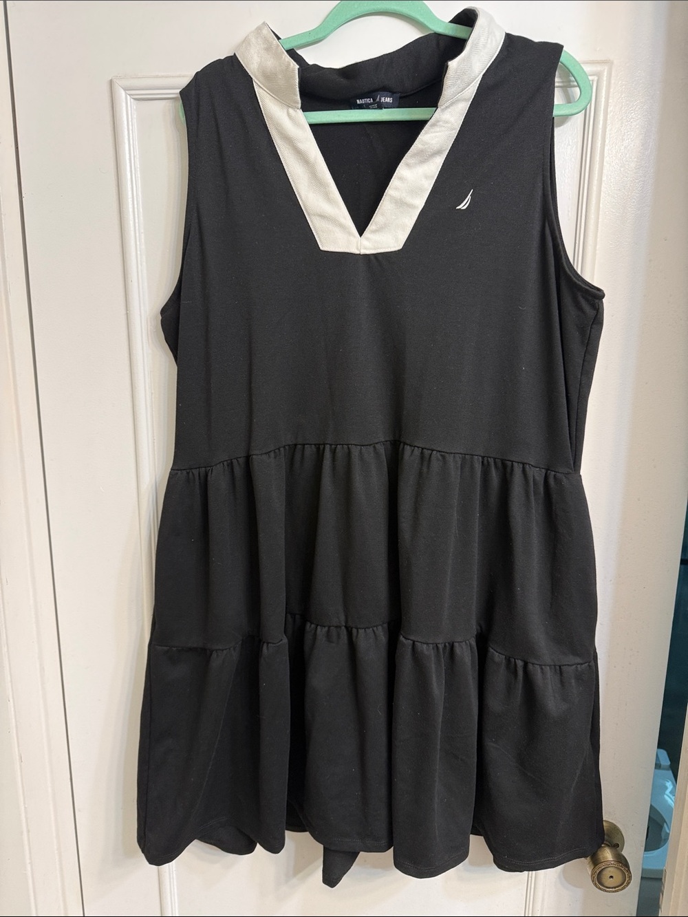 Nautica Black Tiered Sleeveless Dress with White V-Neck Trim